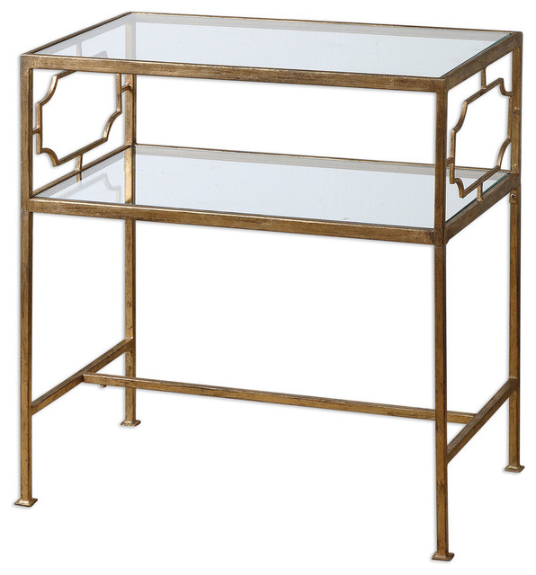 Luxe Contemporary Gold Iron Side Table With Glass Top Transitional