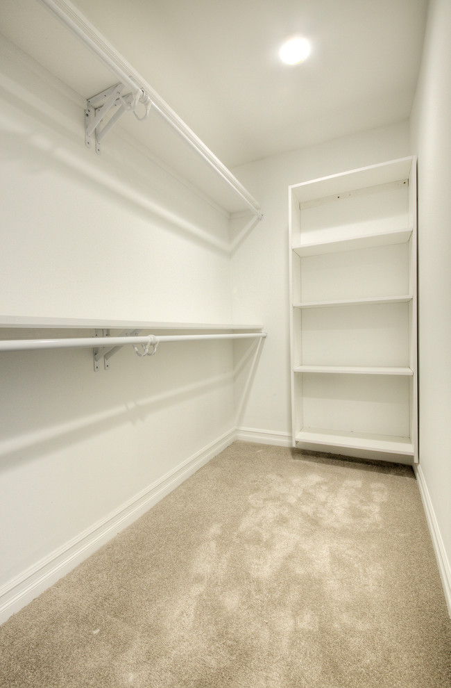 Photo of a mid-sized arts and crafts walk-in wardrobe in Detroit with open cabinets, white cabinets, carpet and grey floor.