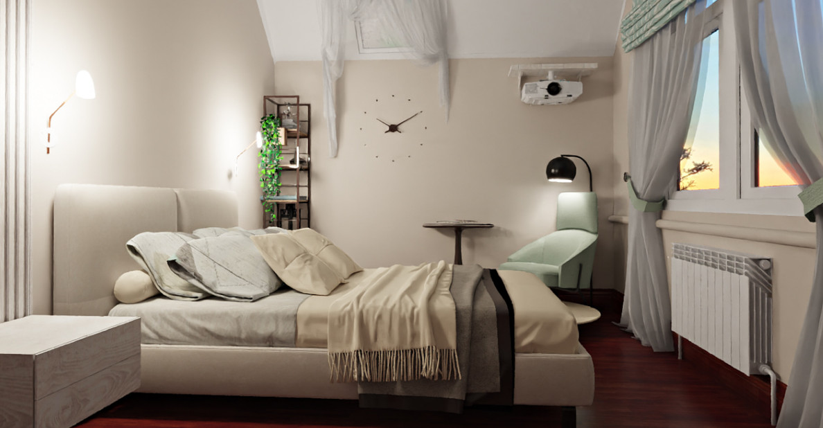 Подбор планировочного решения, создание визуализации спальни в загородном доме