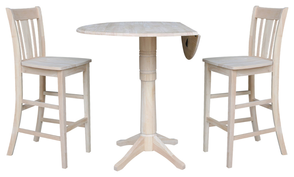 42" Round Pedestal Bar Height Table with Two Bar Height Stools, Unfinished
