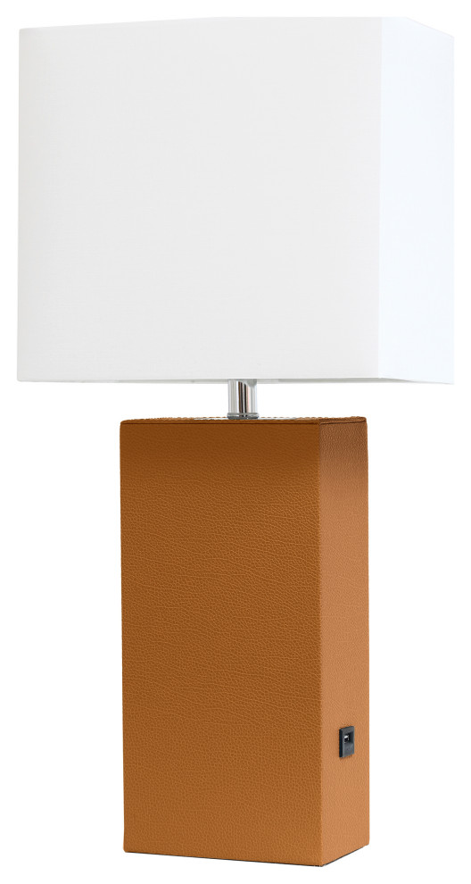 Elegant Designs Modern Leather Table Lamp with USB and White Fabric Shade, Tan Contemporary