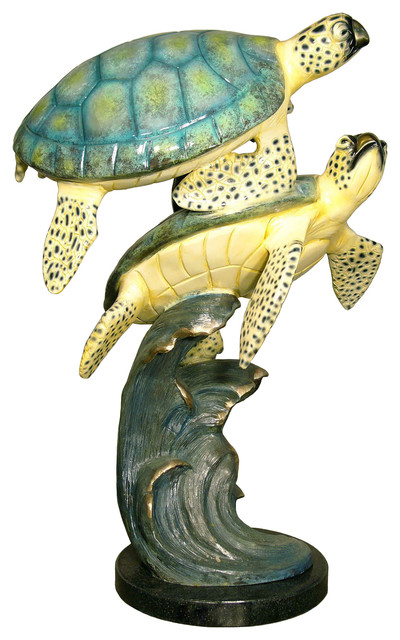 Two Sea Turtles Swimming With Marble Base, Special Patina Finish