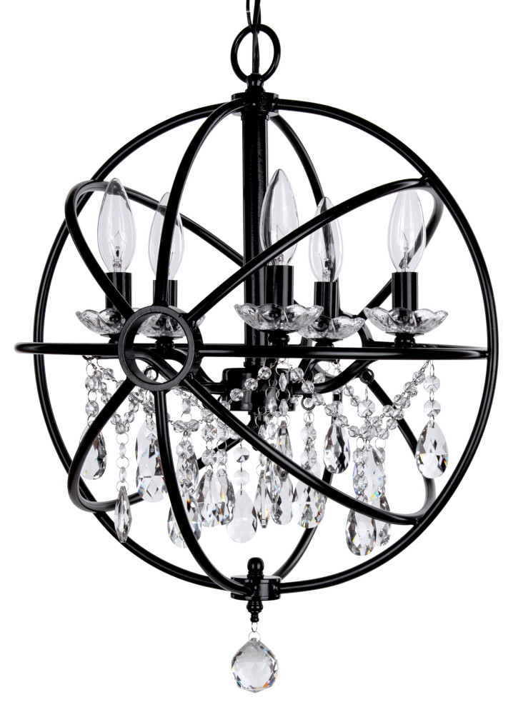 5-Light Modern Crystal Orb Plug-In Chandelier, Black