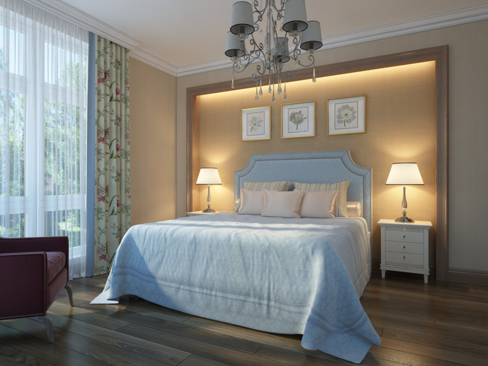 Идея дизайна: гостевая спальня среднего размера, (комната для гостей) с бежевыми стенами, полом из ламината и коричневым полом