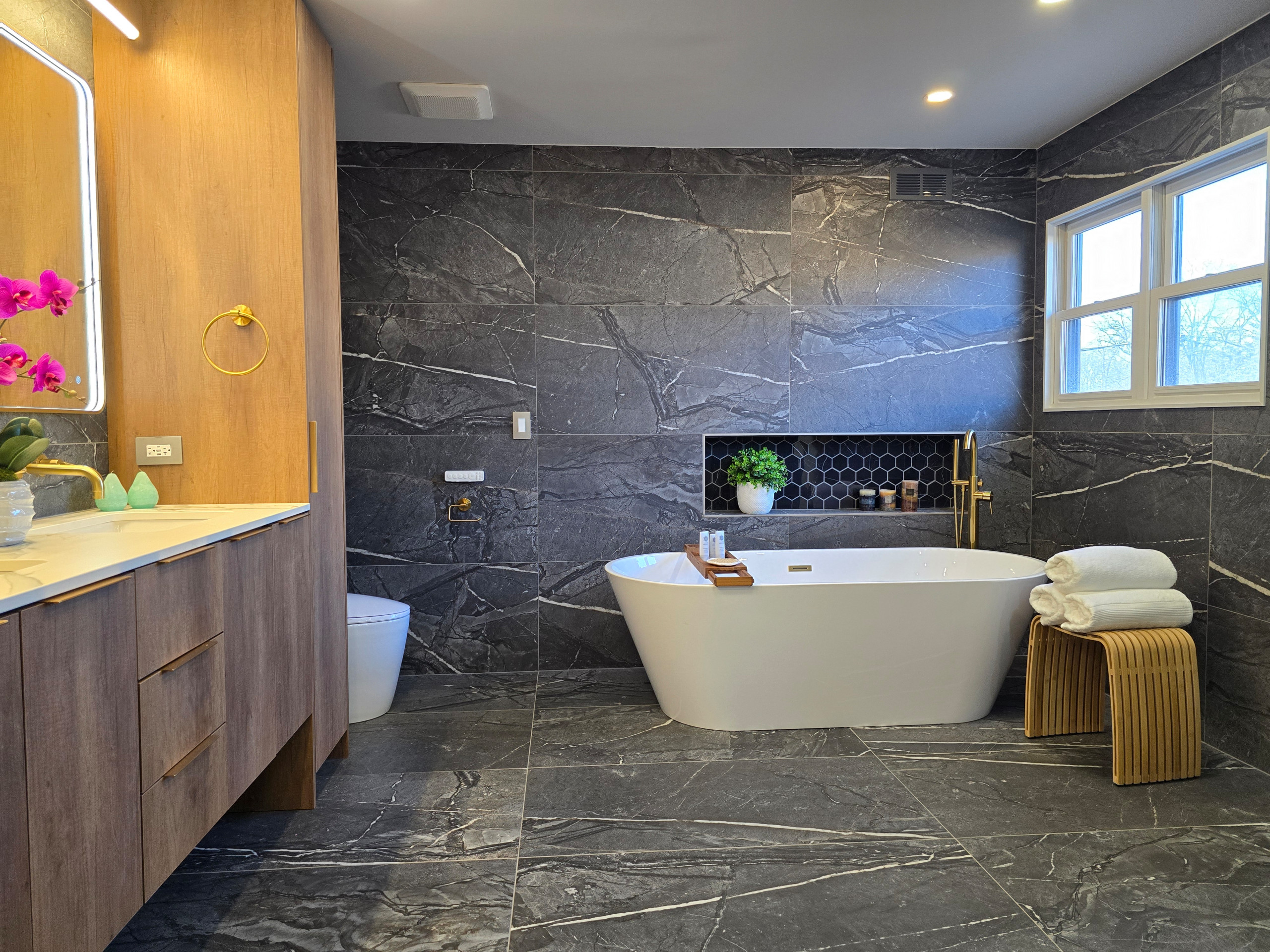 Main Bath full remodeling with custom vanity, freestanding tub & walk-in shower