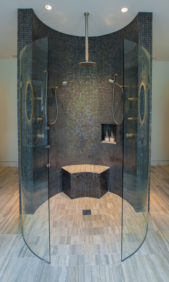 Inspiration for a contemporary bathroom in Dallas with a double shower, a niche and a shower seat.