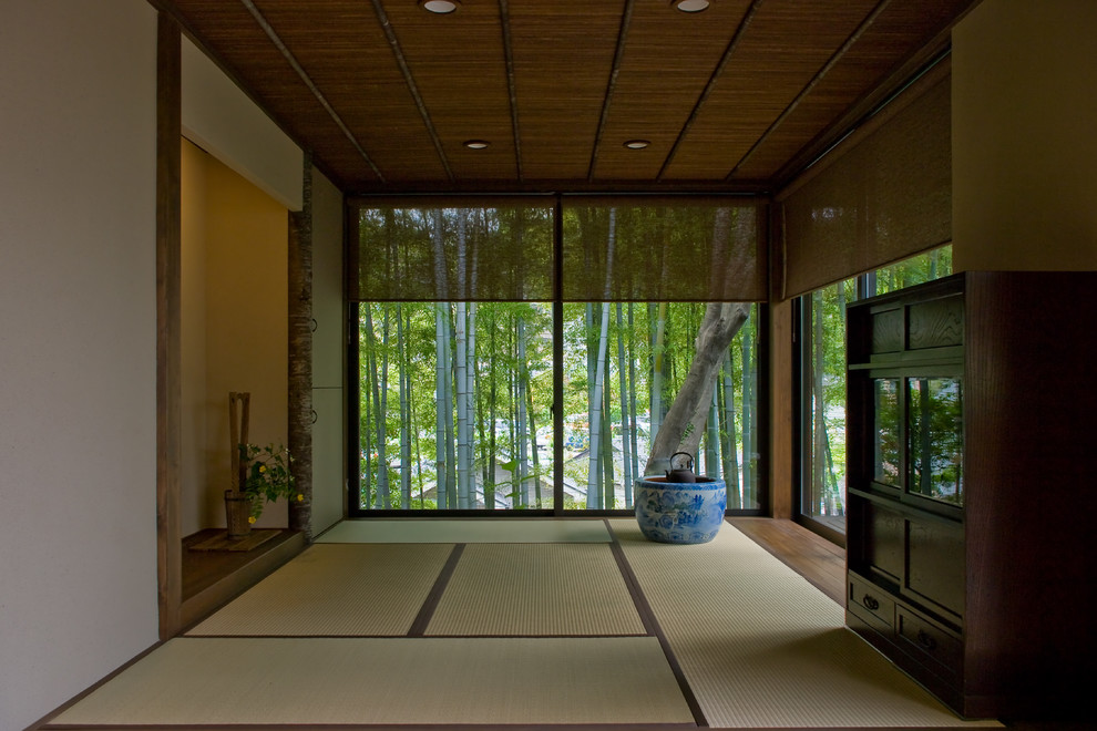 Mid-sized asian family room in Other with tatami floors and green floor.