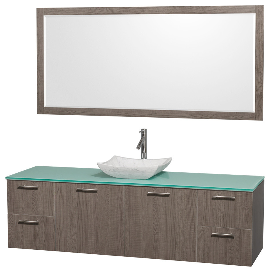 Amare 72" Gray Oak Single Sink Vanity Set With Green Glass Top and 70" Mirror
