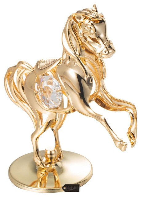 24K Gold Plated Crystal Studded Horse On a Pedestal Ornament ...