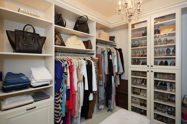 Elegant antique white women's walk-in closet - Traditional - Closet ...