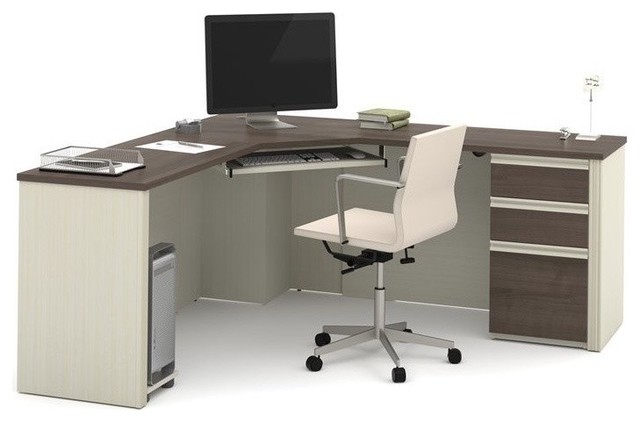 Prestige Corner Desk Including One Pedestal Bordeaux And Graphite Prestige Corner Desk Including One