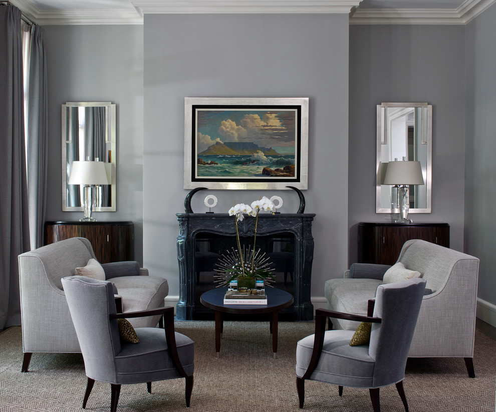 This is an example of a traditional living room in Chicago with grey walls.