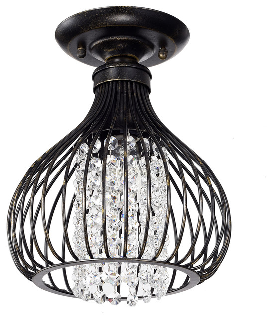 1 Light Antique Bronze And Crystal Bead Bell Shade Semi Flush Crystal Bead Bell Shade Semi Flush