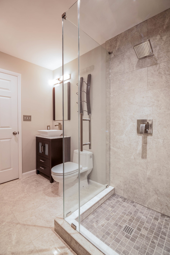 Large transitional master white tile and ceramic tile ceramic tile and beige floor drop-in bathtub photo in Atlanta with shaker cabinets, white cabinets, a one-piece toilet, blue walls, an undermount sink and granite countertops