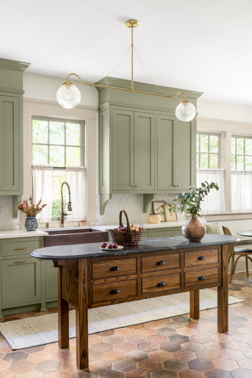 Green painted Kitchen Cabinet Mississauga with solid wood island
