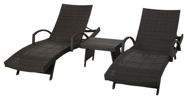 GDF Studio Olivia Outdoor 3-Piece Wicker Adjustable Armed Chaise Lounge Set