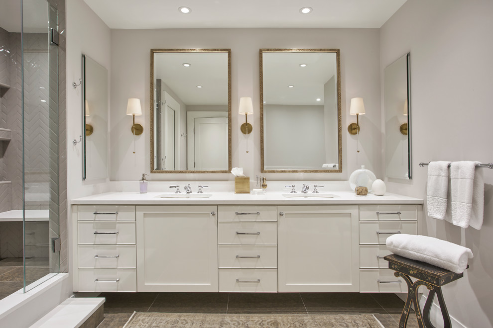 Design ideas for a transitional master bathroom in Chicago with shaker cabinets, white cabinets, an open shower, gray tile, subway tile, an undermount sink, brown floor and an open shower.