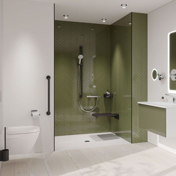 Design ideas for an expansive modern 3/4 bathroom in Hamburg with recessed-panel cabinets, green cabinets, a curbless shower, a wall-mount toilet, green tile, mosaic tile, white walls, wood-look tile, an integrated sink, glass benchtops, grey floor, an open shower, a single vanity, wallpaper and wallpaper.