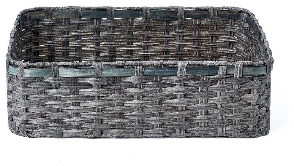 3Piece Set Rectangle Faux Wicker Storage Baskets with Woodstrip Edge