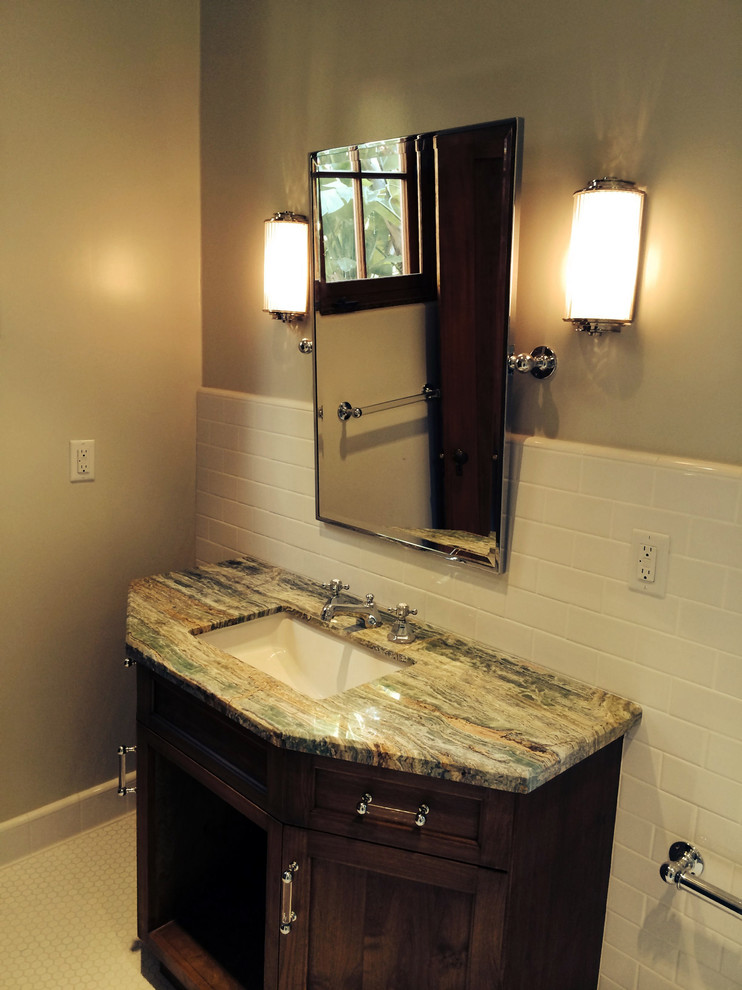 Photo of a mid-sized transitional 3/4 bathroom in Santa Barbara with an undermount sink, shaker cabinets, medium wood cabinets, granite benchtops, a double shower, a one-piece toilet, white tile, subway tile, grey walls, mosaic tile floors and white floor.