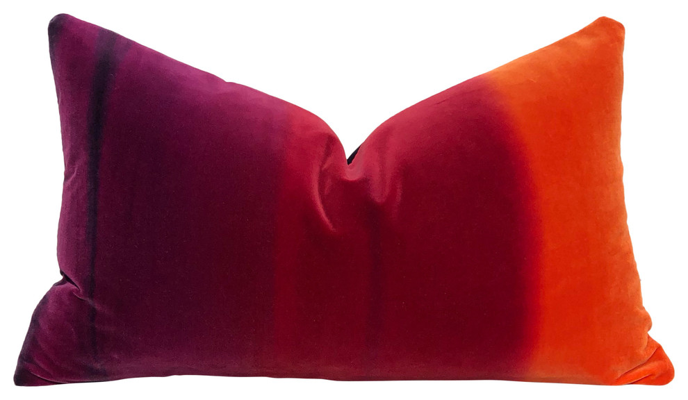 Ombre Vlevet Lumbar Pillow, Papaya, Rasberry, Purple Modern Pillow, 12"x20"