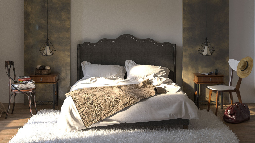Пример оригинального дизайна: хозяйская спальня среднего размера, в белых тонах с отделкой деревом в стиле лофт с белыми стенами и полом из ламината без камина