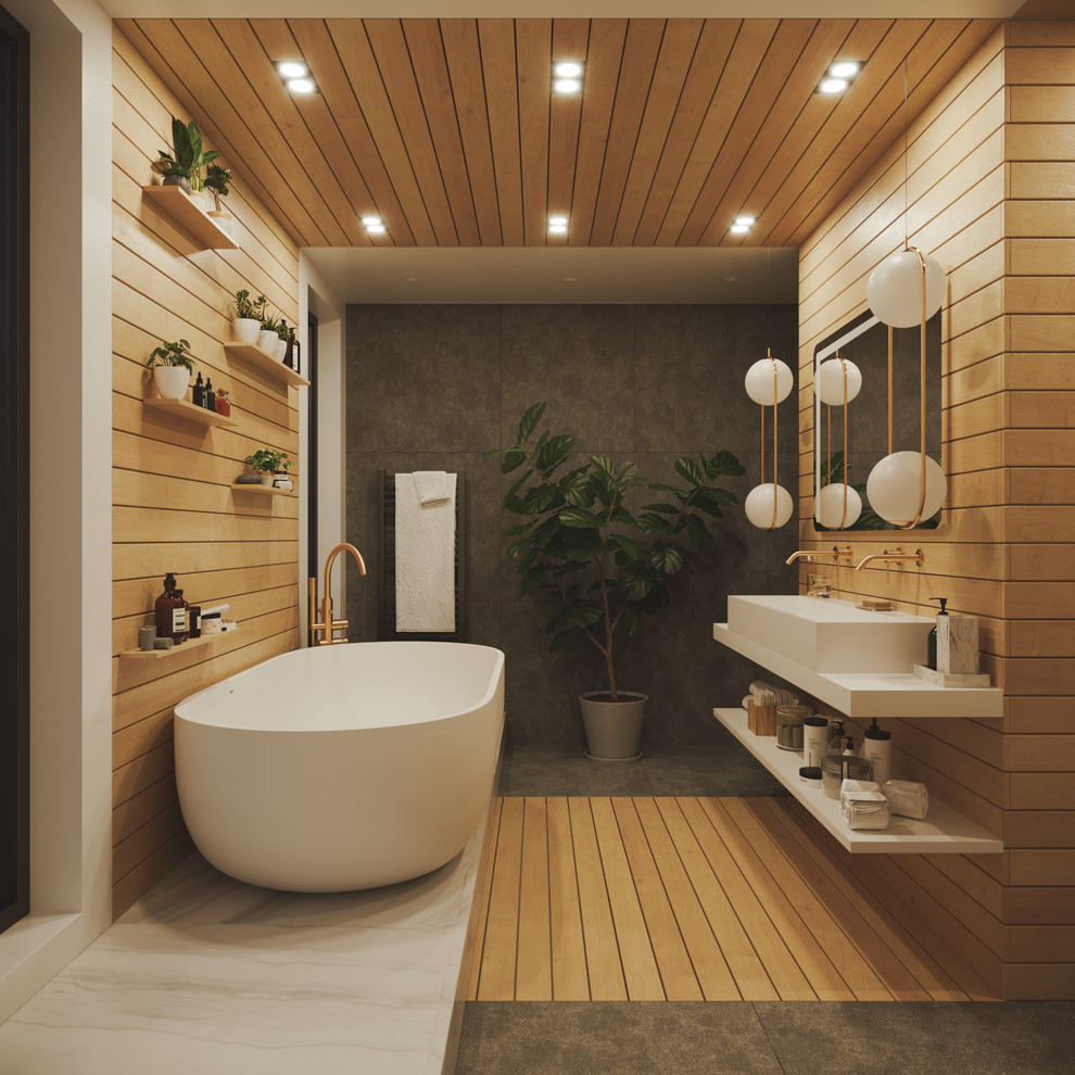 Photo of a large modern kids wet room bathroom in Other with a freestanding tub, a wall-mount toilet, gray tile, slate, white walls, slate floors, a trough sink, engineered quartz benchtops, grey floor, an open shower and white benchtops.