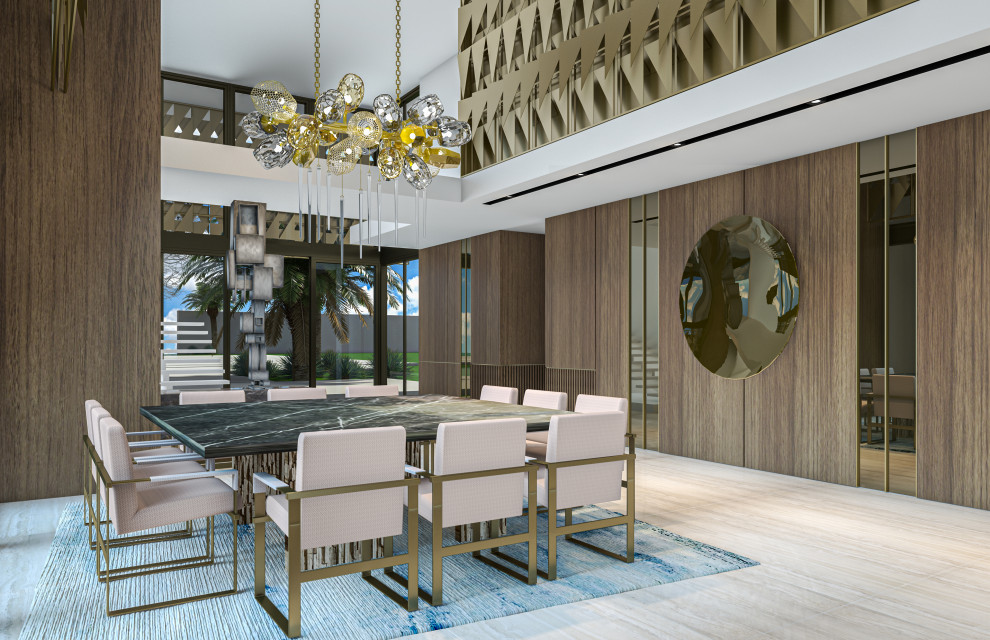 This is an example of a large contemporary dining room in Miami with porcelain floors and wood walls.