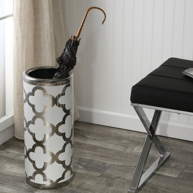 Embellished Decorative Round Umbrella Stand, White/Silver