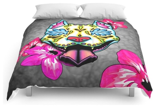 Slobbering Pit Bull Day Of The Dead Sugar Skull Dog Comforter