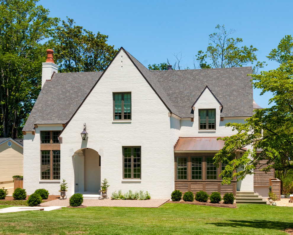 Mid-sized transitional white three-story mixed siding gable roof idea in Birmingham with a shingle roof
