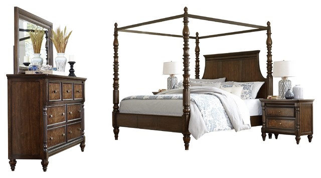 5 Piece Verona Cal King Canopy Bed Dresser Mirror 2 Nightstand