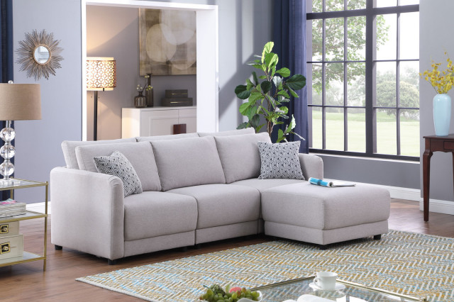 Penelope Light Gray Linen Sofa With Ottoman and Pillows - Transitional ...