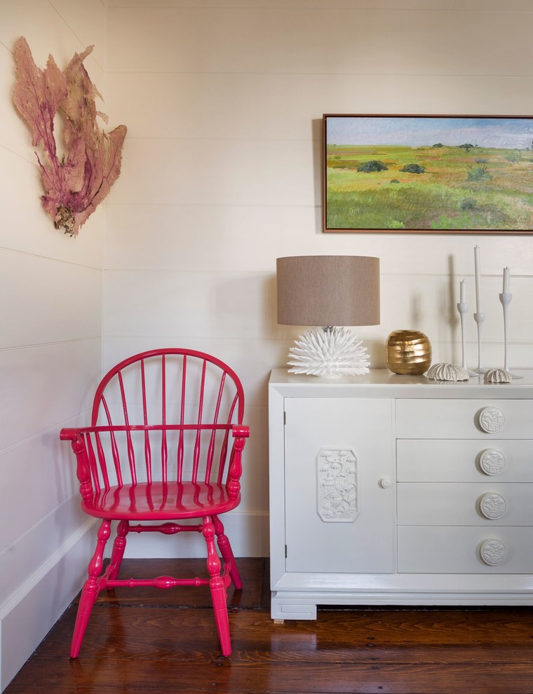 Mid-sized elegant medium tone wood floor great room photo in Orange County with white walls