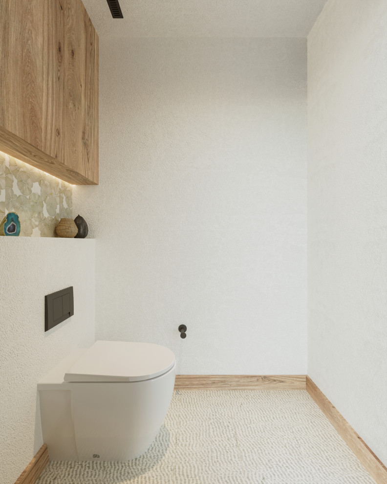 Стильный дизайн: большая главная ванная комната в скандинавском стиле с фасадами островного типа, светлыми деревянными фасадами, отдельно стоящей ванной, открытым душем, инсталляцией, зеленой плиткой, керамической плиткой, белыми стенами, полом из известняка, врезной раковиной, столешницей из оникса, белым полом, открытым душем, зеленой столешницей, нишей, тумбой под две раковины и подвесной тумбой - последний тренд