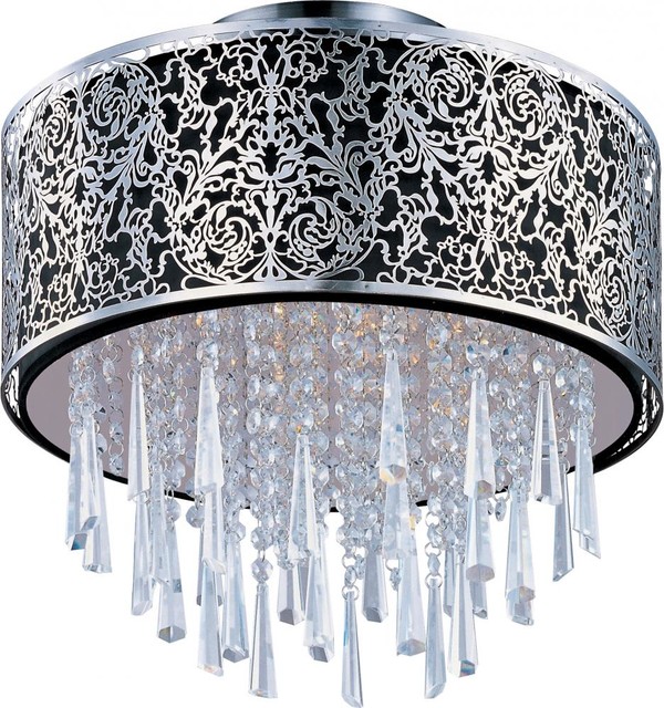 Five Light Satin Nickel Drum Shade SemiFlush Mount Contemporary