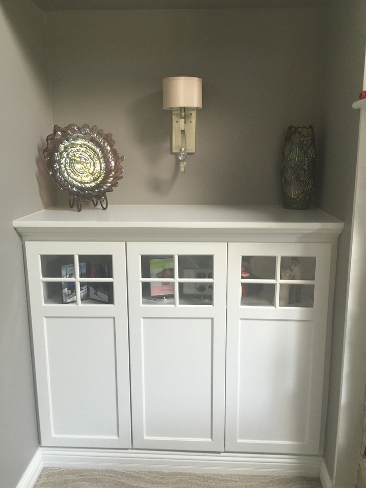 Small transitional carpeted and beige floor hallway photo in Chicago with gray walls