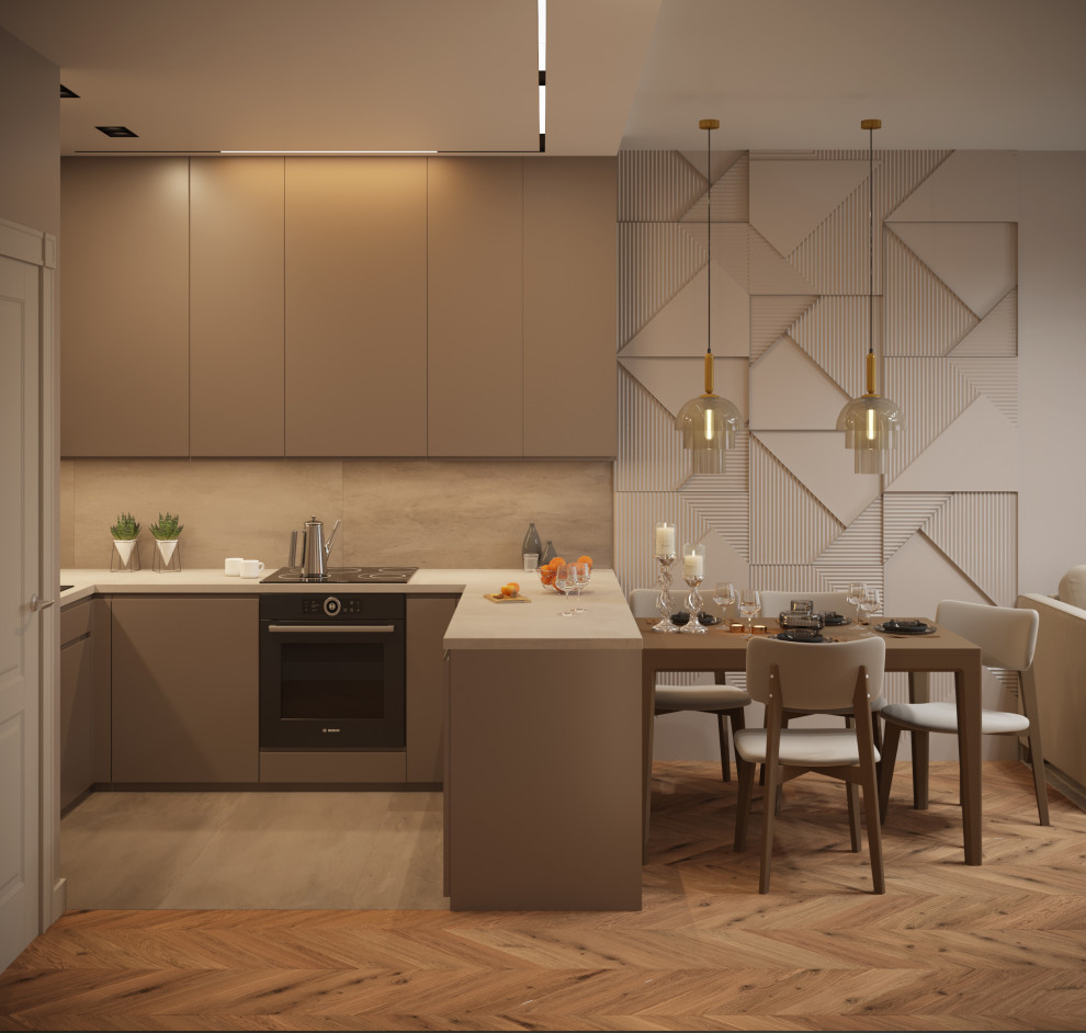 кухня в серо-бежевой гамме с 3d панно