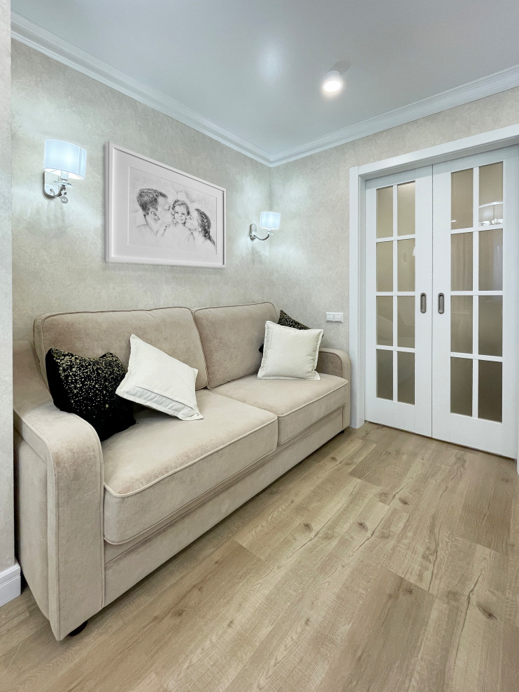 Mid-sized transitional formal enclosed living room in Yekaterinburg with beige walls, porcelain floors, a ribbon fireplace, a plaster fireplace surround, a wall-mounted tv, multi-coloured floor and wallpaper.