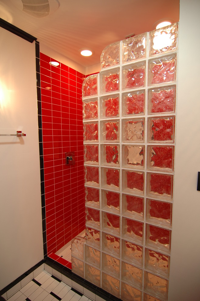 Small eclectic bathroom in Dallas with an alcove shower, red tile, ceramic tile, white walls and ceramic floors.