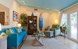 Coastal Retreat in Woodland Hills tropical-living-room