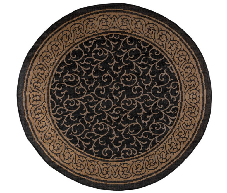 8' Round Area Rug Indoor Outdoor Vine Ornate, Black and Tan Traditional Outdoor Rugs by