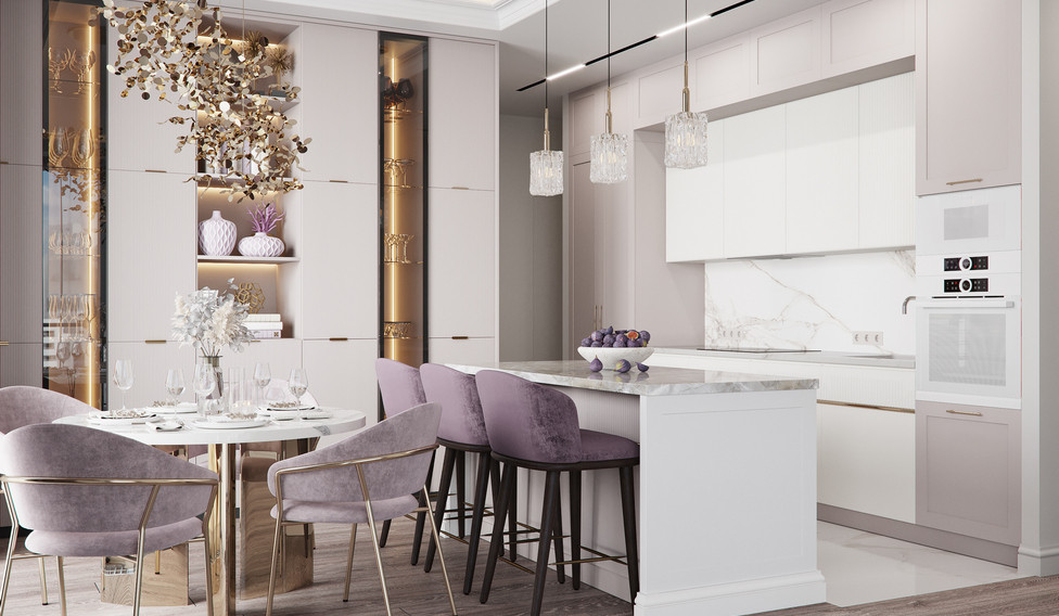 Photo of a mid-sized contemporary single-wall kitchen in Moscow with marble benchtops, white splashback, marble splashback, white appliances, ceramic floors, with island and white benchtop.