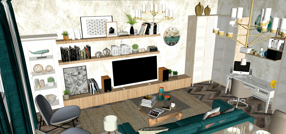 Гостиная-столовая с бирюзовым акцентом