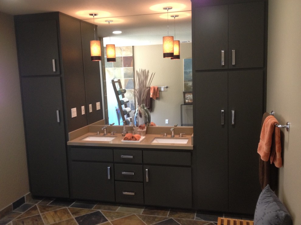 Mid-sized transitional master beige tile, brown tile and travertine tile travertine floor and beige floor bathroom photo with flat-panel cabinets, beige walls, an undermount sink, dark wood cabinets and quartz countertops