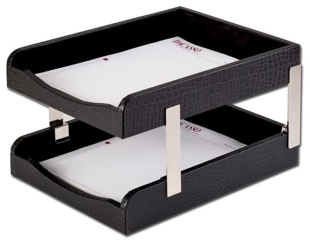 A2220 Black Crocodile Embossed Leather Double Letter Trays