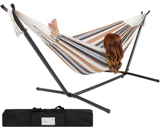 Double Hammock With Space Saving Steel Stand Includes Portable Carrying