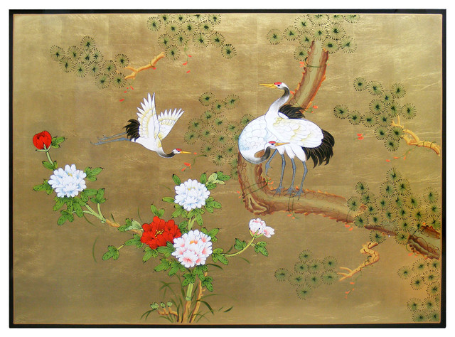 Hand-Painted Peony and Crane Wall Plaque