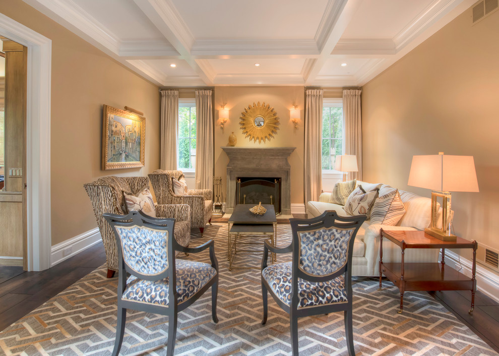 Example of a mid-sized transitional formal and enclosed dark wood floor and brown floor living room design with brown walls, a standard fireplace, a stone fireplace and no tv