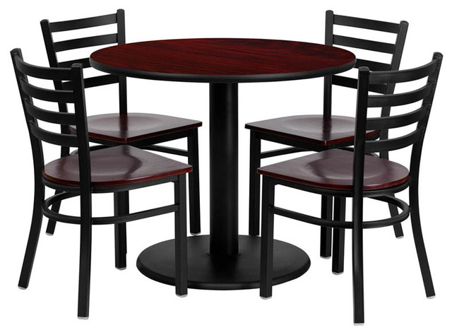 36" Round Mahogany Table Set with 4 Ladder Chairs - Mahogany Wood Seat